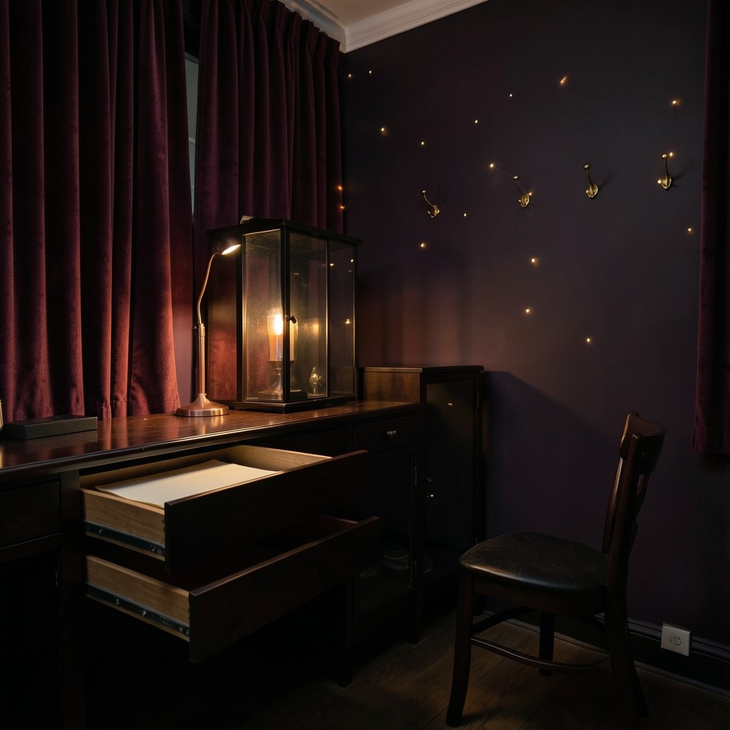 The academy chart room with wood drawers of paper, velvet curtains, and a single copper lamp