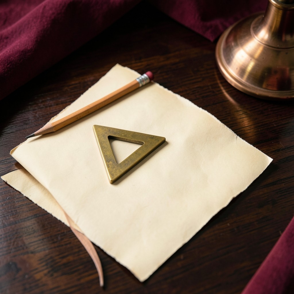 A brass triangle ruler resting on ivory paper beside a single smooth pencil curve