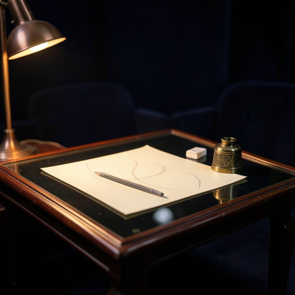 A single practice desk with a pencil, eraser, brass weight, and paper of smooth curves