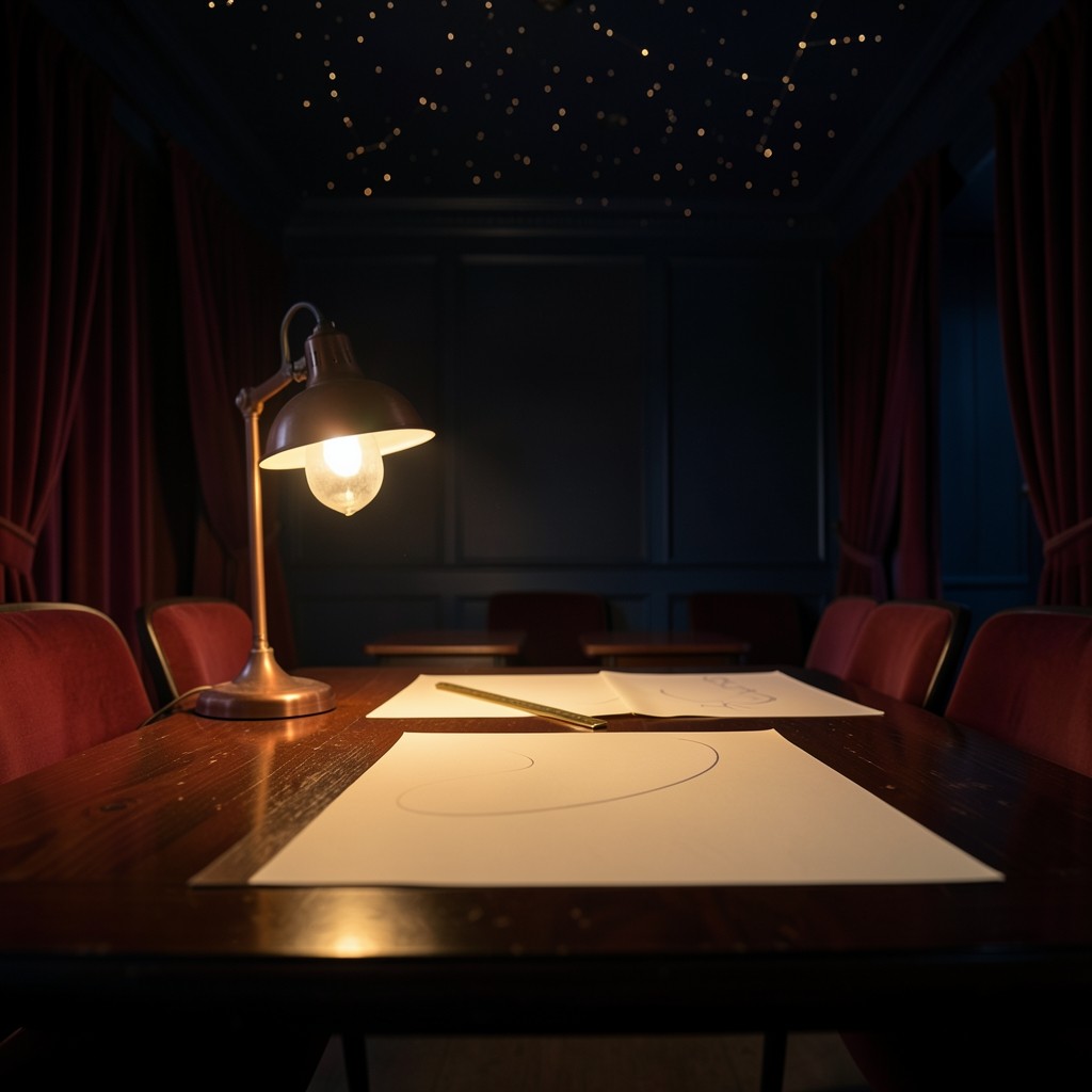 A dim velvet-lined classroom with lacquered wood, copper lamps, and large papers covered in smooth unmarked curves