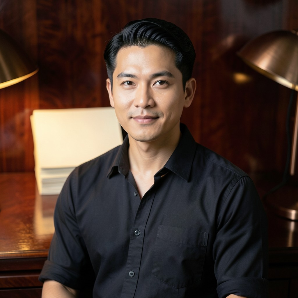 Portrait of Arun Thepchai, a man in his early thirties, beside a stack of ivory paper