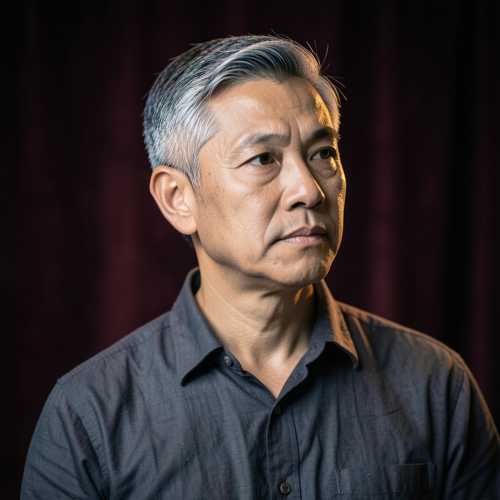 Portrait of Niran Chaisiri, a man in his early fifties, in copper light against burgundy velvet