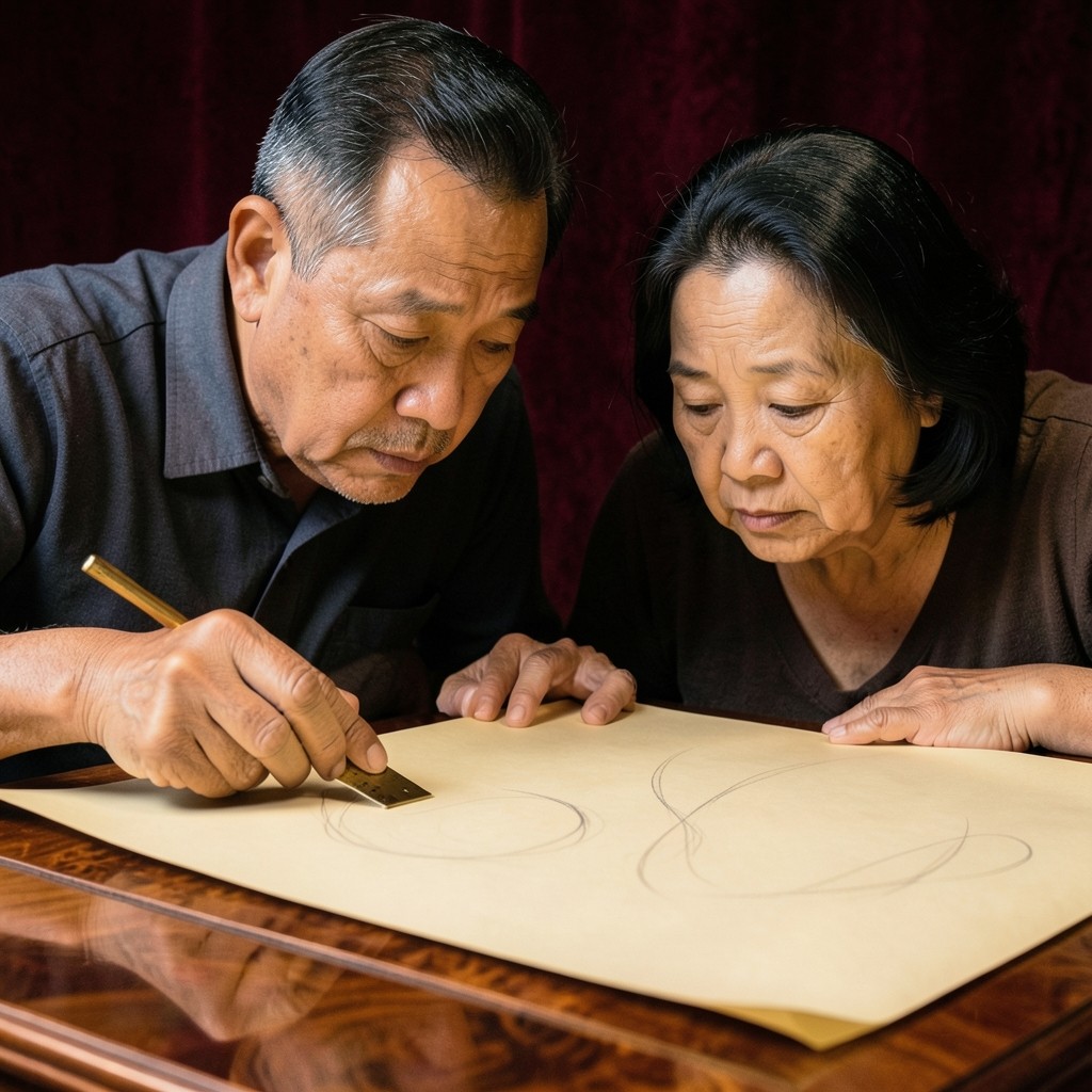 Two adults leaning over a single large paper chart with a brass ruler in a velvet-lined study