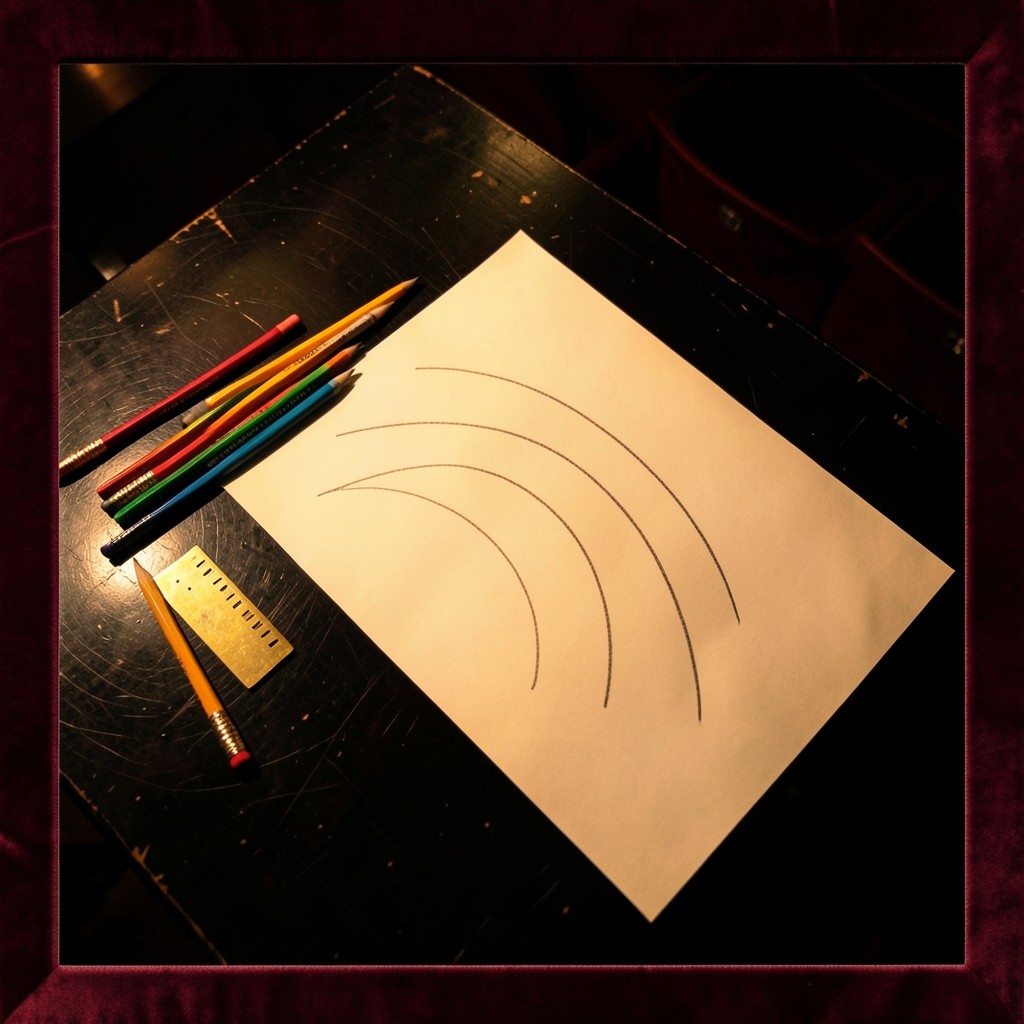 Colored pencils and several parallel curves on ivory paper, photographed from above in warm copper light