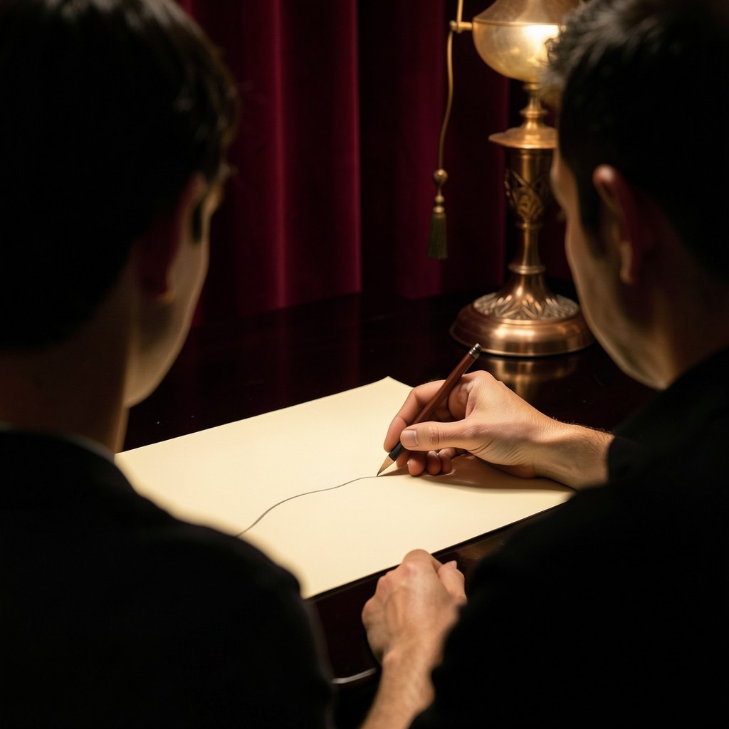 Two students seen from behind, one marking a smooth curve on paper at a lacquered table